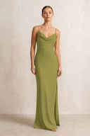 Spaghetti Strap Satin Sheath Bridesmaid Dress in Moss Green | KISSBRIDAL
