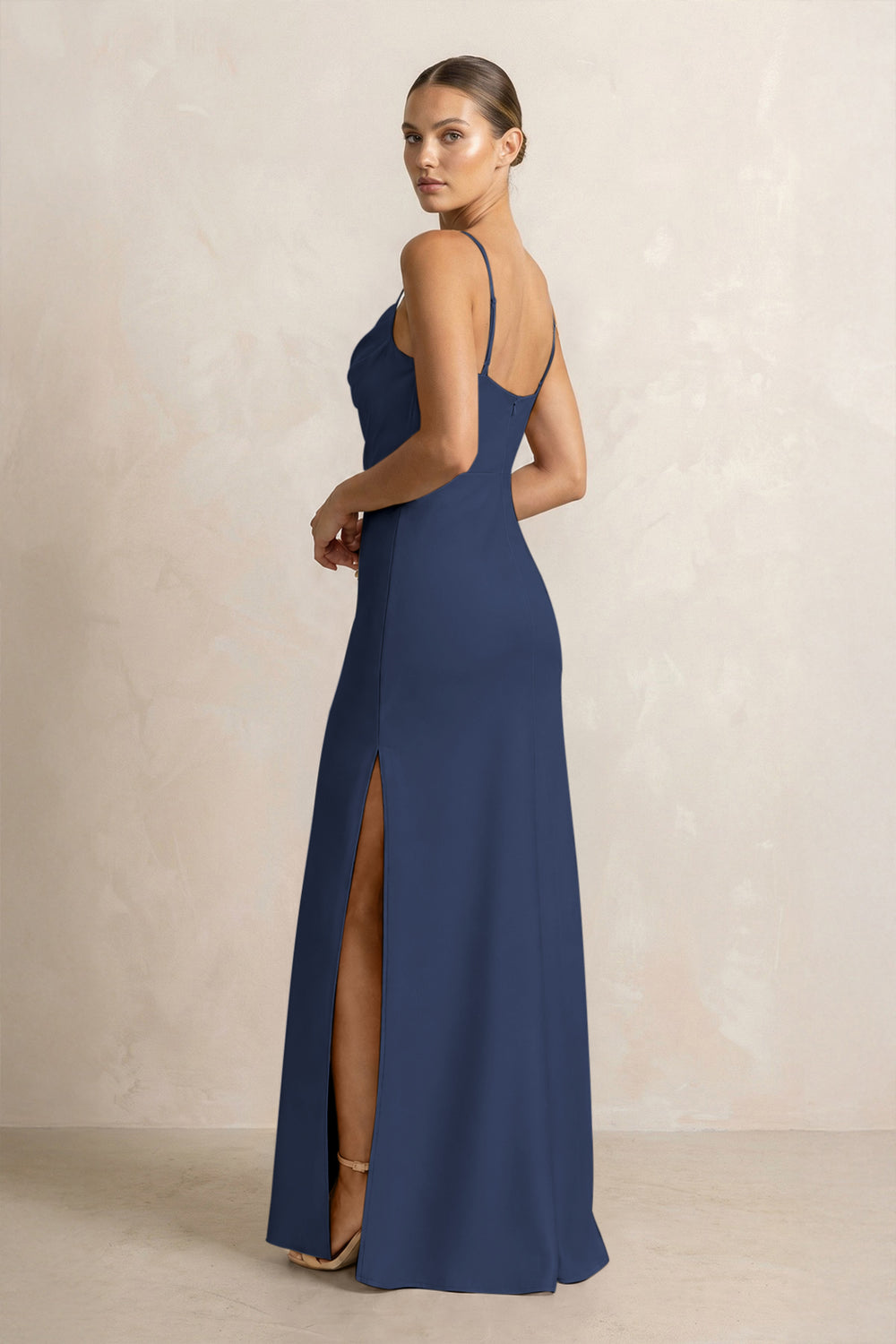 Spaghetti Strap Satin Sheath Bridesmaid Dress in Navy