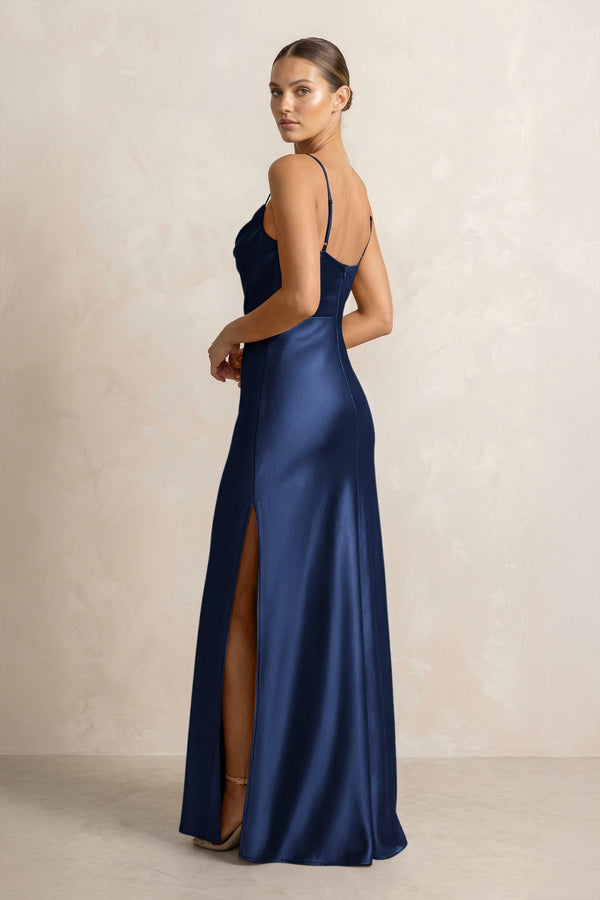 Spaghetti Strap Satin Sheath Bridesmaid Dress in Navy - KISS BRIDAL Bridesmaid Dresses