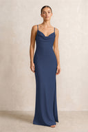 Spaghetti Strap Satin Sheath Bridesmaid Dress in Navy | KISSBRIDAL