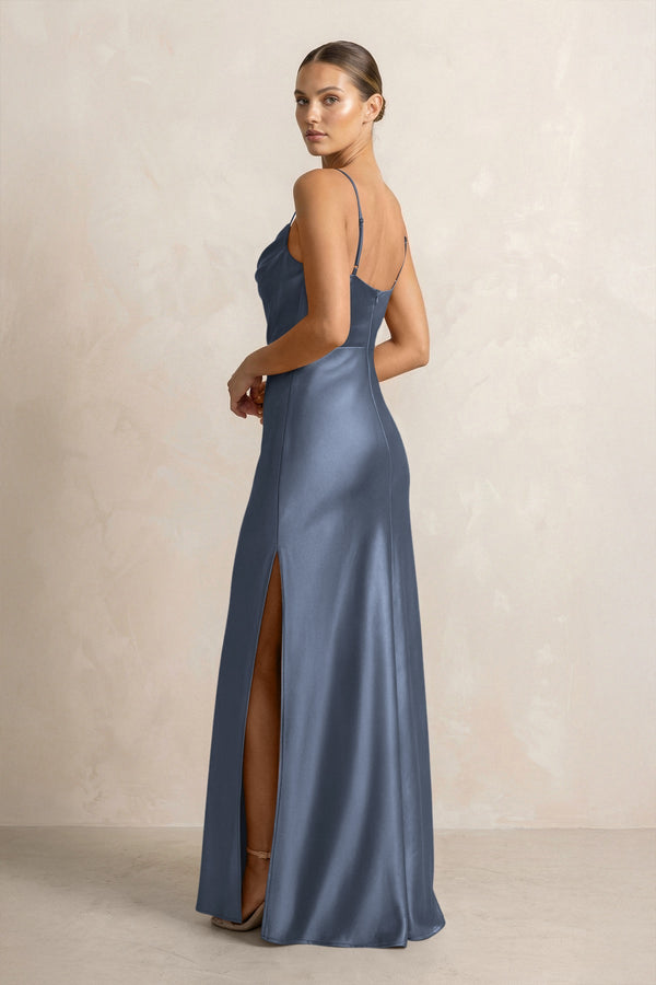 Spaghetti Strap Satin Sheath Bridesmaid Dress in Neptune - KISS BRIDAL Bridesmaid Dresses