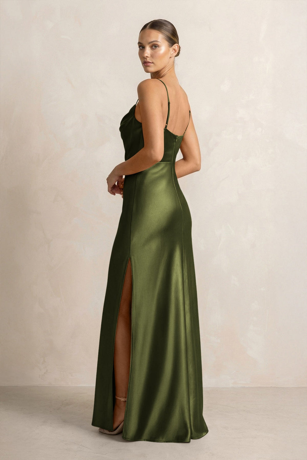 Spaghetti Strap Satin Sheath Bridesmaid Dress in Olive - KISS BRIDAL Bridesmaid Dresses