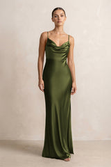 Spaghetti Strap Satin Sheath Bridesmaid Dress in Olive - KISS BRIDAL Bridesmaid Dresses