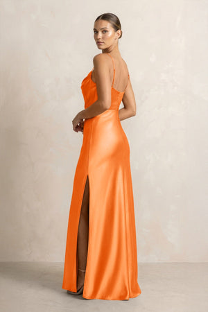 Spaghetti Strap Satin Sheath Bridesmaid Dress in Orange - KISS BRIDAL Bridesmaid Dresses