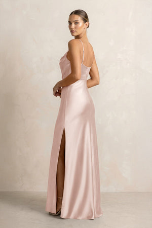 Spaghetti Strap Satin Sheath Bridesmaid Dress in Pale Blush - KISS BRIDAL Bridesmaid Dresses