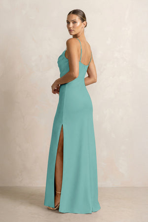 Spaghetti Strap Satin Sheath Bridesmaid Dress in Pale Pistachio (2) | KISSBRIDAL