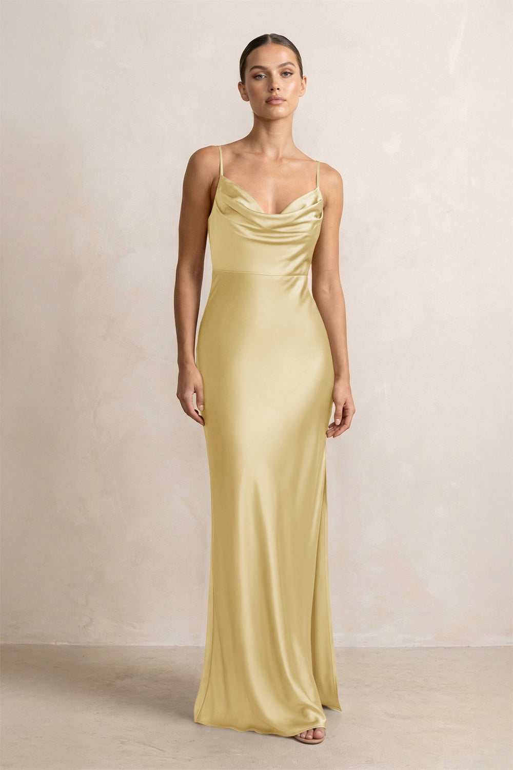 Spaghetti Strap Satin Sheath Bridesmaid Dress in Pastel Yellow - KISS BRIDAL Bridesmaid Dresses