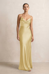 Spaghetti Strap Satin Sheath Bridesmaid Dress in Pastel Yellow - KISS BRIDAL Bridesmaid Dresses