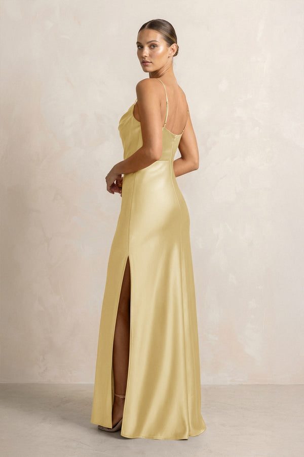 Spaghetti Strap Satin Sheath Bridesmaid Dress in Pastel Yellow - KISS BRIDAL Bridesmaid Dresses