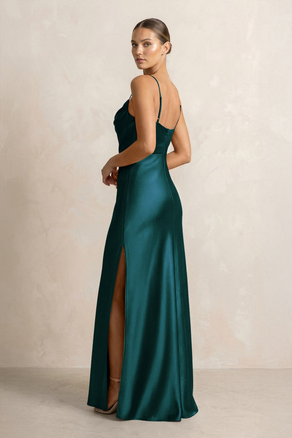 Spaghetti Strap Satin Sheath Bridesmaid Dress in Pine - KISS BRIDAL Bridesmaid Dresses