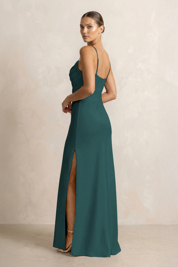 Spaghetti Strap Satin Sheath Bridesmaid Dress in Pine (2) | KISSBRIDAL