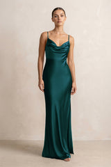 Spaghetti Strap Satin Sheath Bridesmaid Dress in Pine - KISS BRIDAL Bridesmaid Dresses