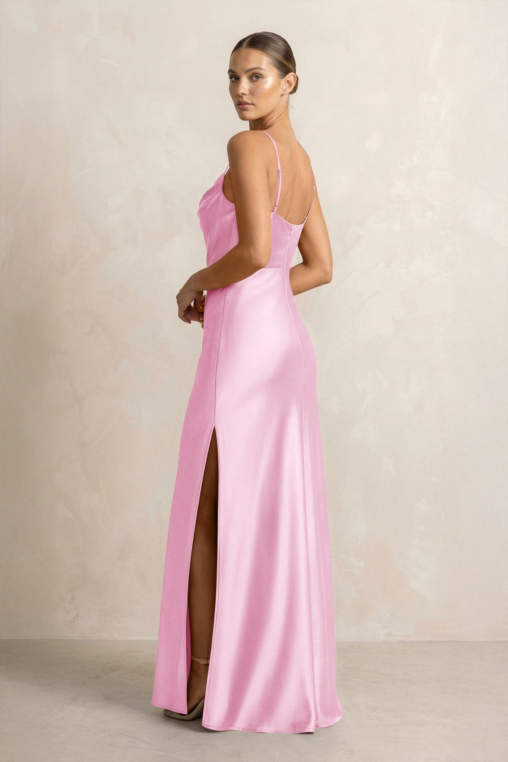 Spaghetti Strap Satin Sheath Bridesmaid Dress in Pink - KISS BRIDAL Bridesmaid Dresses