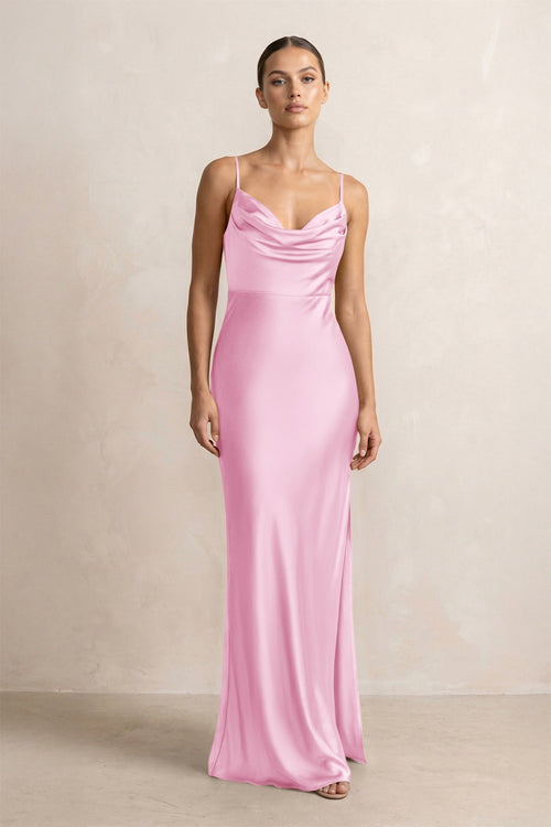 Spaghetti Strap Satin Sheath Bridesmaid Dress in Pink - KISS BRIDAL Bridesmaid Dresses