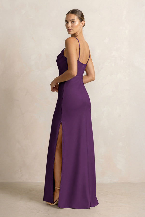 Spaghetti Strap Satin Sheath Bridesmaid Dress in Plum (2) | KISSBRIDAL