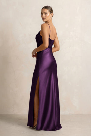 Spaghetti Strap Satin Sheath Bridesmaid Dress in Plum - KISS BRIDAL Bridesmaid Dresses