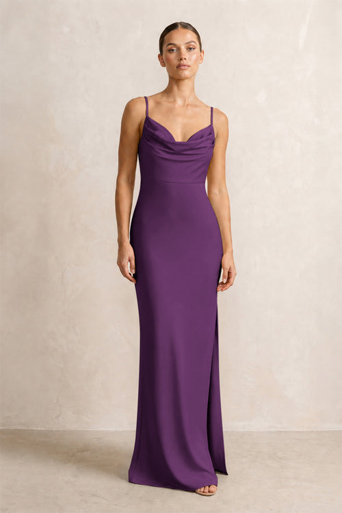 Spaghetti Strap Satin Sheath Bridesmaid Dress in Plum | KISSBRIDAL