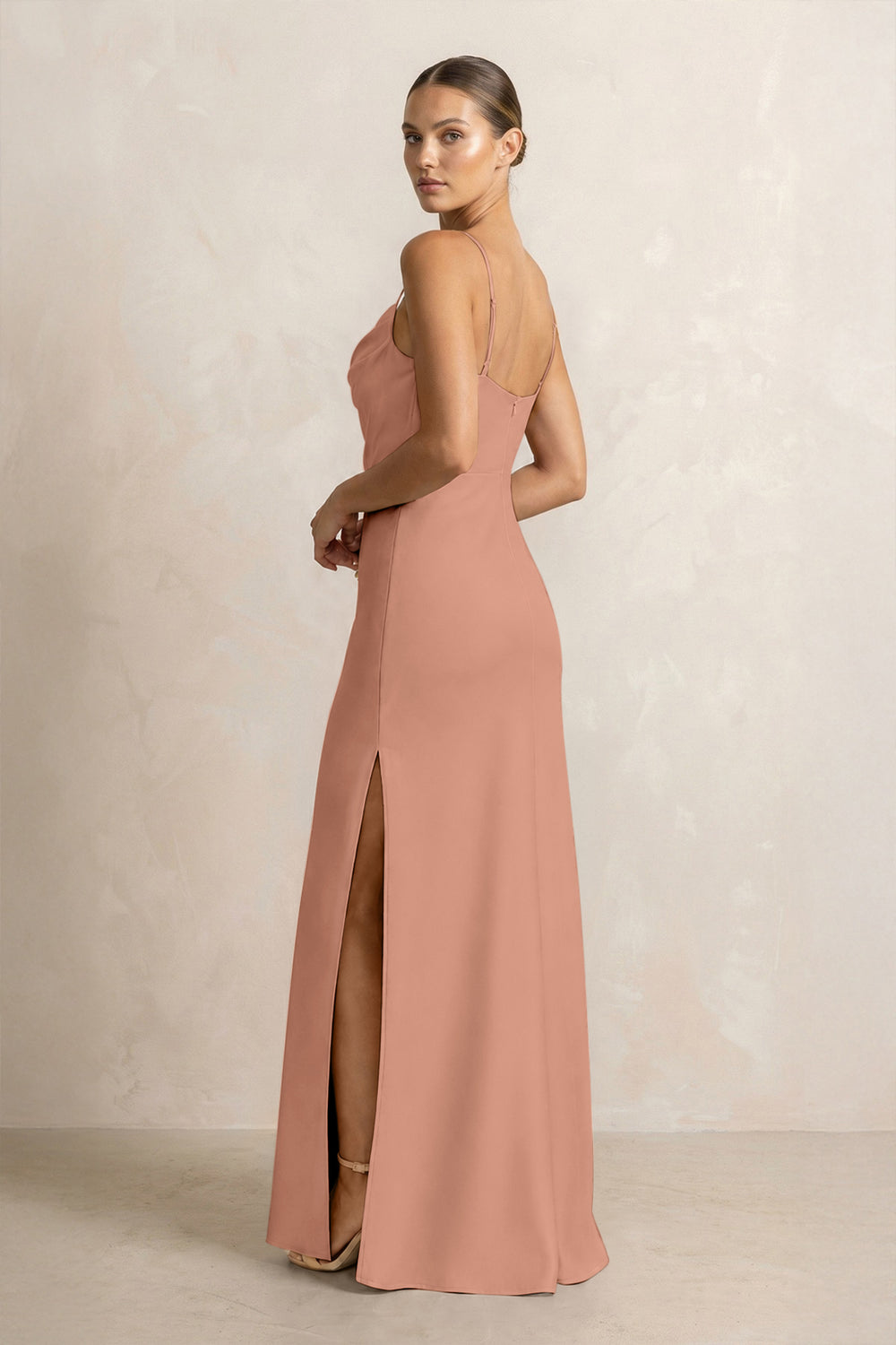 Spaghetti Strap Satin Sheath Bridesmaid Dress in Rosette