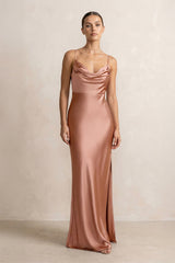 Spaghetti Strap Satin Sheath Bridesmaid Dress in Rosette - KISS BRIDAL Bridesmaid Dresses