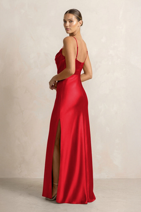 Spaghetti Strap Satin Sheath Bridesmaid Dress in Ruby Red - KISS BRIDAL Bridesmaid Dresses