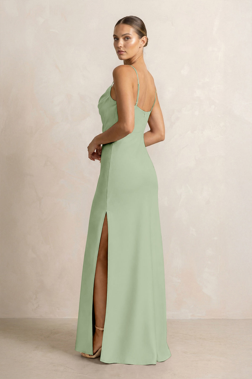 Spaghetti Strap Satin Sheath Bridesmaid Dress in Sage
