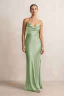 Spaghetti Strap Satin Sheath Bridesmaid Dress in Sage - KISS BRIDAL Bridesmaid Dresses
