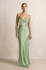 Spaghetti Strap Satin Sheath Bridesmaid Dress in Sage - KISS BRIDAL Bridesmaid Dresses