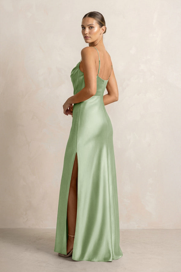Spaghetti Strap Satin Sheath Bridesmaid Dress in Sage - KISS BRIDAL Bridesmaid Dresses
