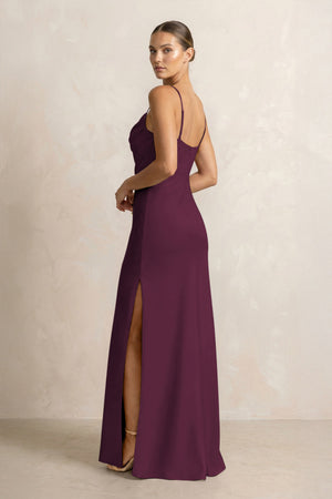 Spaghetti Strap Satin Sheath Bridesmaid Dress in Sangria (2) | KISSBRIDAL