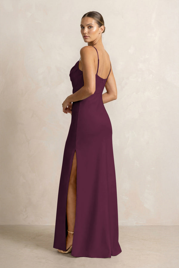Spaghetti Strap Satin Sheath Bridesmaid Dress in Sangria (2) | KISSBRIDAL