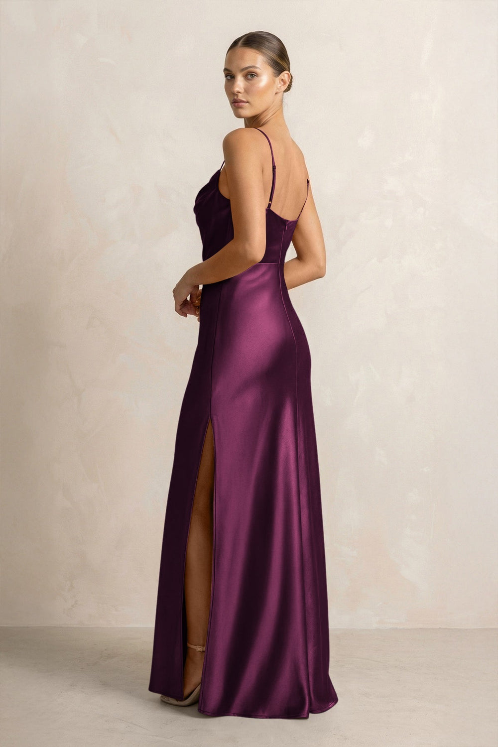 Spaghetti Strap Satin Sheath Bridesmaid Dress in Sangria - KISS BRIDAL Bridesmaid Dresses