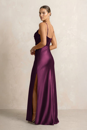 Spaghetti Strap Satin Sheath Bridesmaid Dress in Sangria - KISS BRIDAL Bridesmaid Dresses