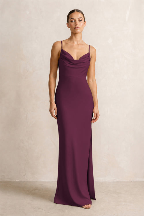 Spaghetti Strap Satin Sheath Bridesmaid Dress in Sangria | KISSBRIDAL