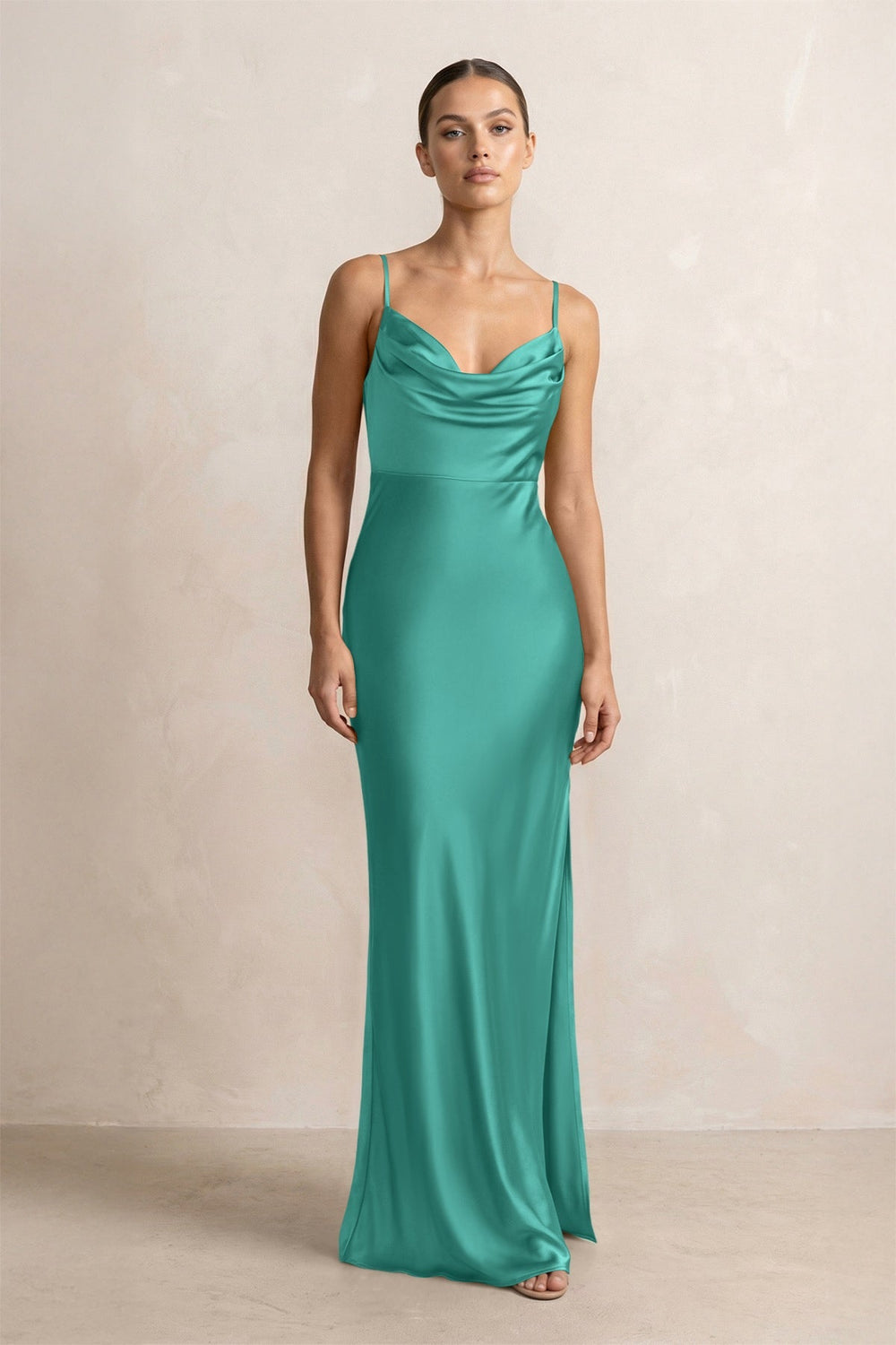 Spaghetti Strap Satin Sheath Bridesmaid Dress in Sea Glass - KISS BRIDAL Bridesmaid Dresses