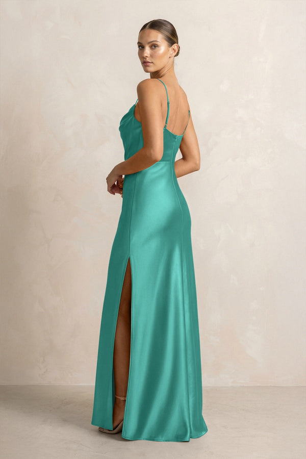 Spaghetti Strap Satin Sheath Bridesmaid Dress in Sea Glass - KISS BRIDAL Bridesmaid Dresses
