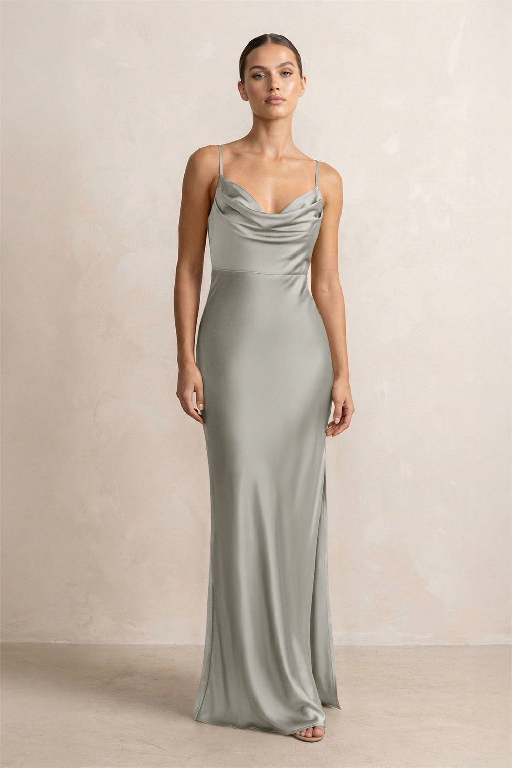 Spaghetti Strap Satin Sheath Bridesmaid Dress in Silver - KISS BRIDAL Bridesmaid Dresses