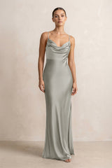 Spaghetti Strap Satin Sheath Bridesmaid Dress in Silver - KISS BRIDAL Bridesmaid Dresses