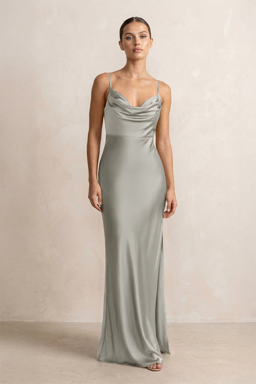 Spaghetti Strap Satin Sheath Bridesmaid Dress in Silver - KISS BRIDAL Bridesmaid Dresses