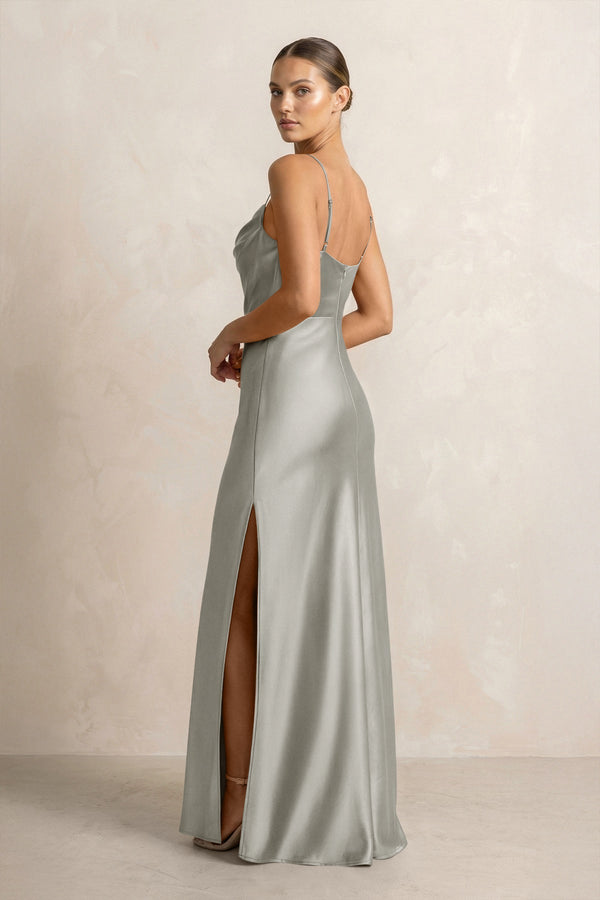 Spaghetti Strap Satin Sheath Bridesmaid Dress in Silver - KISS BRIDAL Bridesmaid Dresses