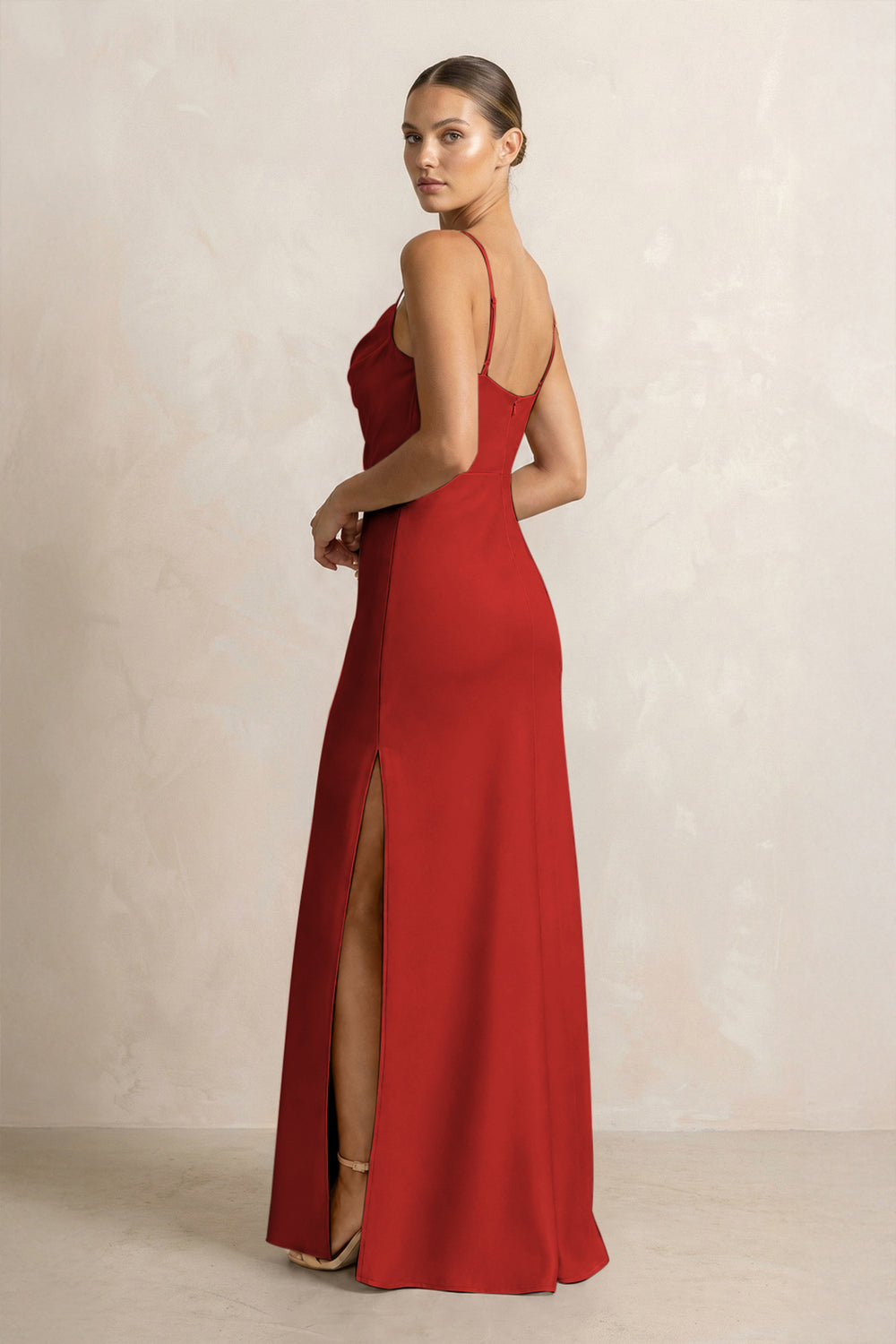 Spaghetti Strap Satin Sheath Bridesmaid Dress in Spice