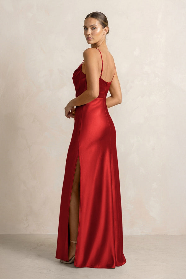 Spaghetti Strap Satin Sheath Bridesmaid Dress in Spice - KISS BRIDAL Bridesmaid Dresses