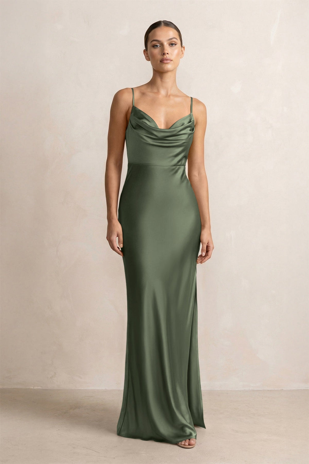 Spaghetti Strap Satin Sheath Bridesmaid Dress in Thyme - KISS BRIDAL Bridesmaid Dresses