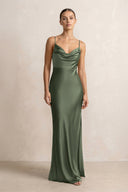 Spaghetti Strap Satin Sheath Bridesmaid Dress in Thyme - KISS BRIDAL Bridesmaid Dresses
