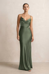 Spaghetti Strap Satin Sheath Bridesmaid Dress in Thyme - KISS BRIDAL Bridesmaid Dresses