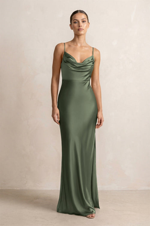 Spaghetti Strap Satin Sheath Bridesmaid Dress in Thyme - KISS BRIDAL Bridesmaid Dresses