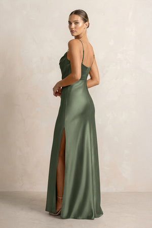 Spaghetti Strap Satin Sheath Bridesmaid Dress in Thyme - KISS BRIDAL Bridesmaid Dresses