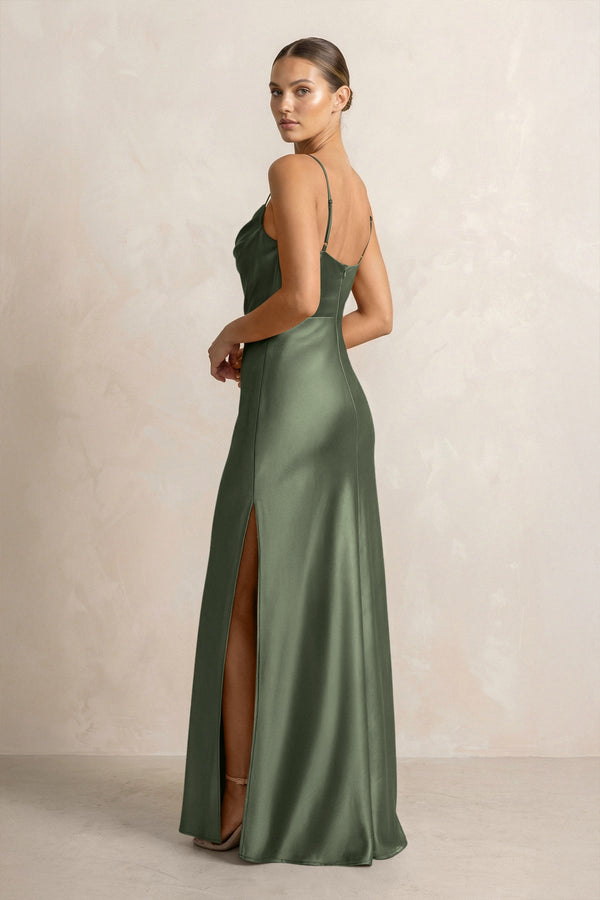 Spaghetti Strap Satin Sheath Bridesmaid Dress in Thyme - KISS BRIDAL Bridesmaid Dresses