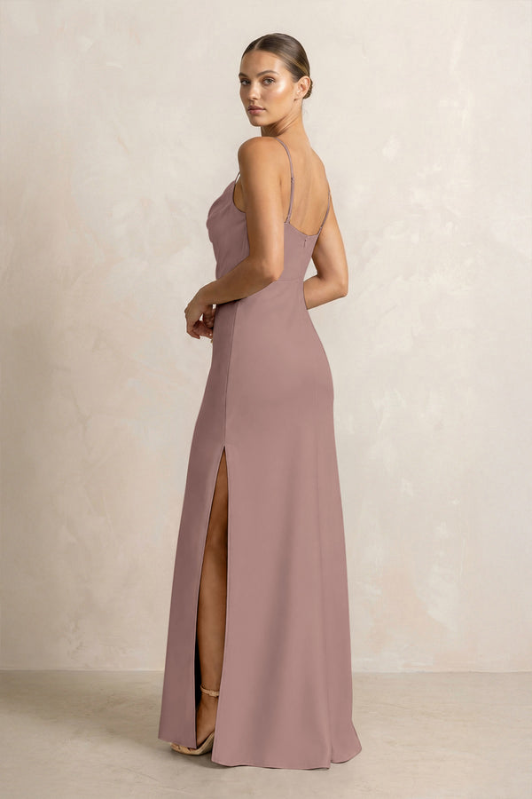 Spaghetti Strap Satin Sheath Bridesmaid Dress in Toffee (2) | KISSBRIDAL