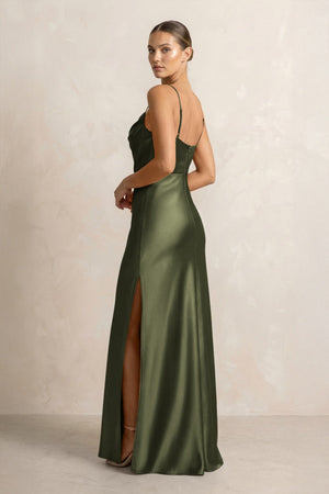 Spaghetti Strap Satin Sheath Bridesmaid Dress in Willow Green - KISS BRIDAL Bridesmaid Dresses
