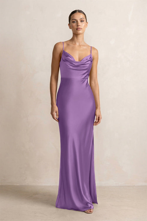 Spaghetti Strap Satin Sheath Bridesmaid Dress in Wisteria - KISS BRIDAL Bridesmaid Dresses